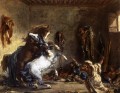 Caballos árabes peleando en un establo romántico Eugene Delacroix
